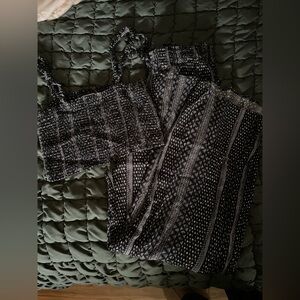 Black Patterned Wide-Leg Pants and Crop Top Set - Women's Two-Piece